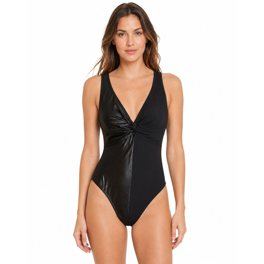Karla Colletto Swimsuit Size 8 Black Two Tone Twist Front Underwire One Piece